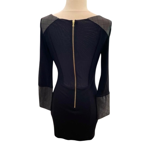 Alice and Olivia Daynah Leather Trim Wool Mesh Back Mini Dress Long Sleeve - Picture 4 of 10